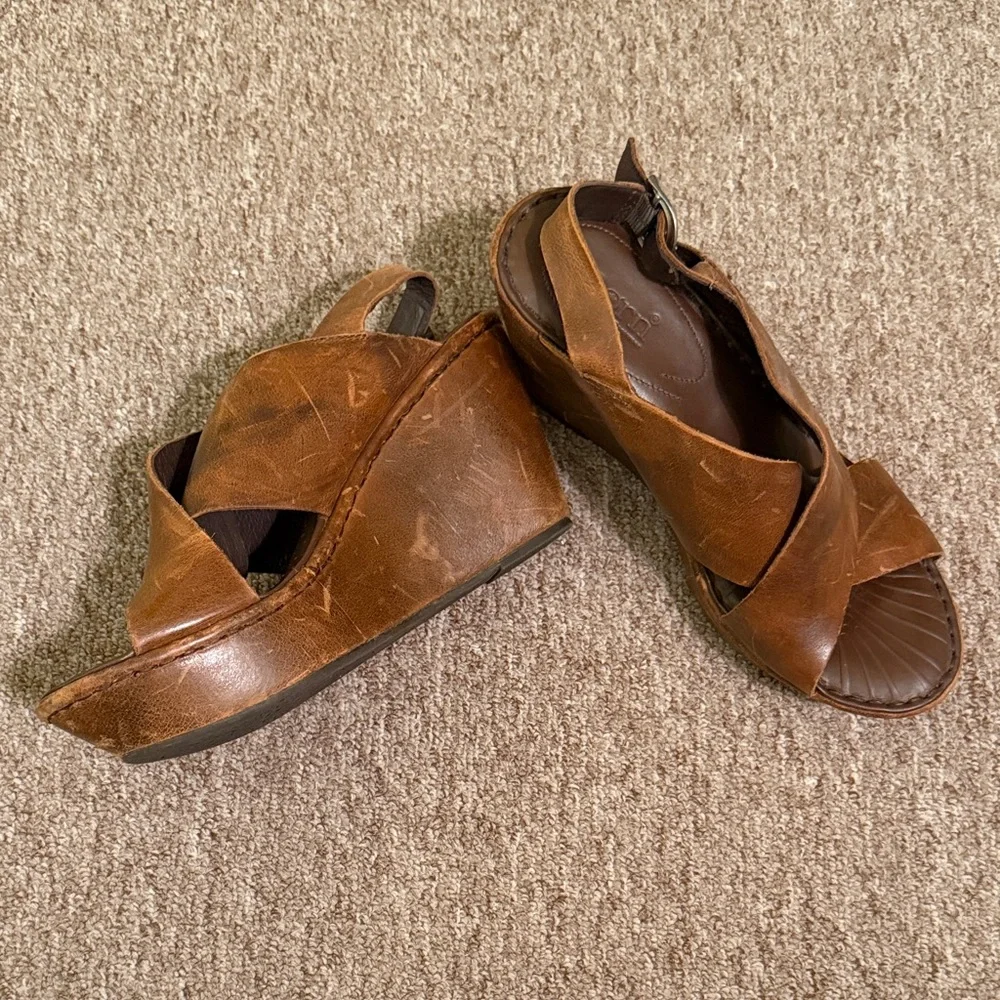 Born Brown Leather Crisscross Wedge Sandals